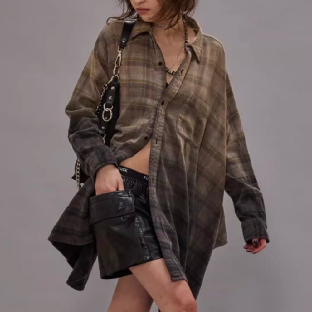 NWT R13 Draped Front Shirt Black Dipped Plaid Casual Oversized Button up